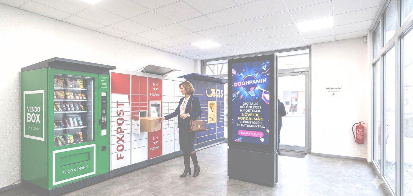 Vendobox, FoxPost és GLS csomagpontok DOOHPAMIN digitális kijelzővel egy budapesti előtérben